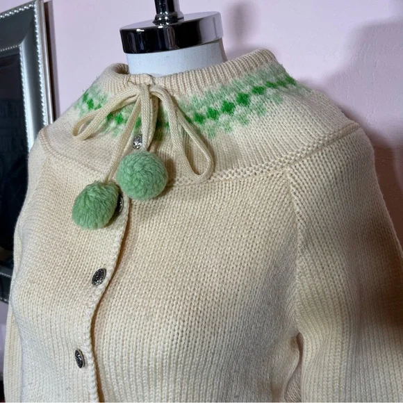 Vintage 1940 50 Retro Ski Aprés Wool Pom Pom tie neck Cardigan Pleated Skirt set - Picture 4 of 17